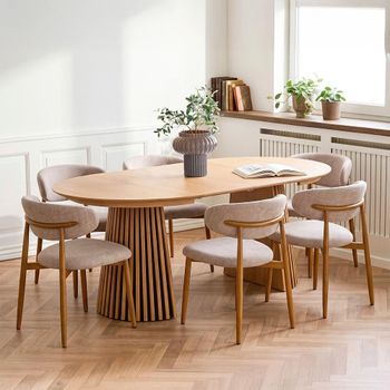 Osaka Oak Natural 120-200cm Round Slatted Base Dining Set with 6 Isola Sand and Natural Chairs