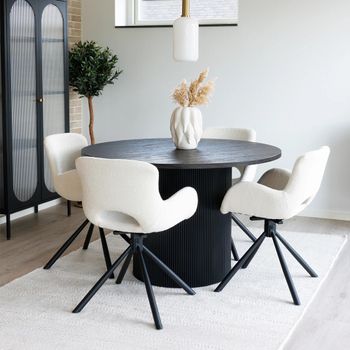 Boavista Dark Brown 120cm Round Fluted Pedestal Dining Set with 4 Amorim White Swivel Armchairs
