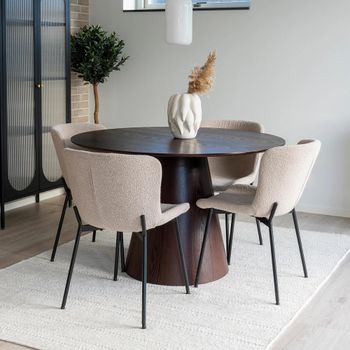 Bolton Dark Wood 120cm Round Pedestal Dining Set with 4 Maceda Beige Chairs