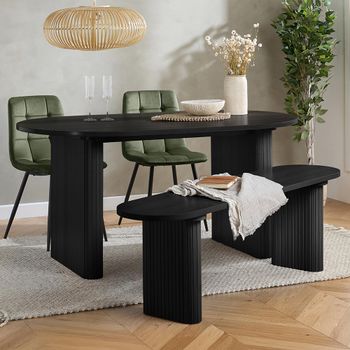 Axel Black Wood 6 Seater 160cm Oval Fluted Dining Set with 2 Chair and 1 Bench