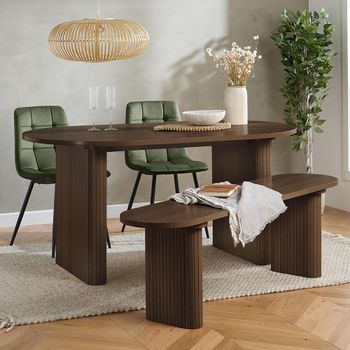 Axel 6 Seater 160cm Oval Fluted Walnut Dining Set with 2 Chair and 1 Bench