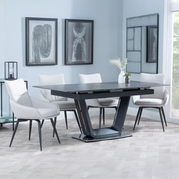 Alpha Black Ceramic 6-8 Seater 140cm-180cm Extending Dining Set with Ace Swivel Beige Fabric Chairs