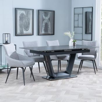 Alpha Black Ceramic 6-8 Seater 140cm-180cm Extending Dining Set with Ace Swivel Grey Fabric Chairs
