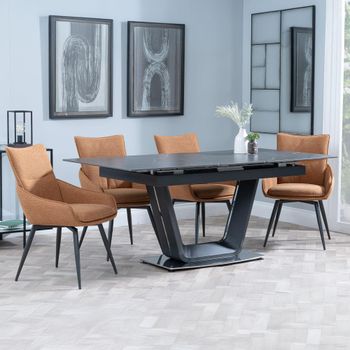 Alpha Black Ceramic 6-8 Seater 140cm-180cm Extending Dining Set with Ace Swivel Orange Fabric Chairs