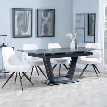 Alpha Black Ceramic 6-8 Seater 140-180cm Extending Dining Set with Arctic Swivel Cream Velvet Chairs