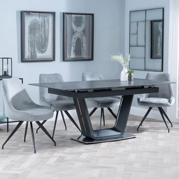 Alpha Black Ceramic 6-8 Seater 140-180cm Extending Dining Set with Arctic Swivel Grey Velvet Chairs