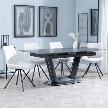 Alpha Black Ceramic 6-8 Seater 140cm-180cm Extending Dining Set with Boden Swivel Cream Chairs
