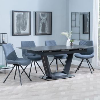 Alpha Black Ceramic 6-8 Seater 140cm-180cm Extending Dining Set with Boden Swivel Dark Grey Chairs