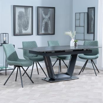 Alpha Black Ceramic 6-8 Seater 140cm-180cm Extending Dining Set with Boden Swivel Green Chairs