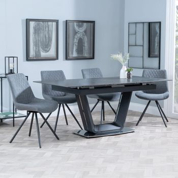Alpha Black Ceramic 6-8 Seater 140cm-180cm Extending Dining Set with Boden Swivel Grey Chairs
