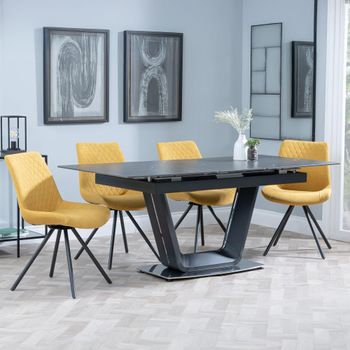 Alpha Black Ceramic 6-8 Seater 140cm-180cm Extending Dining Set with Boden Swivel Yellow Chairs