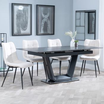 Alpha Black Ceramic 6-8 Seater 140cm-180cm Extending Dining Set with Corona Beige Fabric Chairs