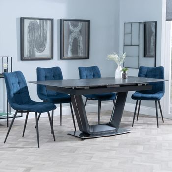 Alpha Black Ceramic 6-8 Seater 140cm-180cm Extending Dining Set with Corona Blue Fabric Dining Chair