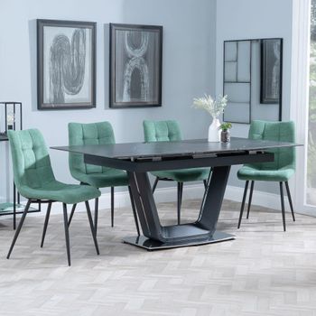 Alpha Black Ceramic 6-8 Seater 140cm-180cm Extending Dining Set with Corona Green Fabric Chairs