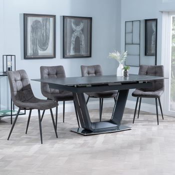 Alpha Black Ceramic 6-8 Seater 140cm-180cm Extending Dining Set with Corona Grey Fabric Dining Chair