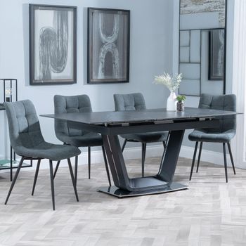 Alpha Black Ceramic 6-8 Seater 140cm-180cm Extending Dining Set with Corona Light Grey Fabric Chairs