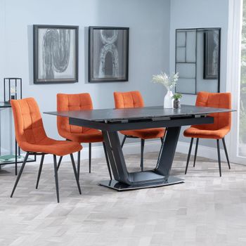 Alpha Black Ceramic 6-8 Seater 140cm-180cm Extending Dining Set with Corona Orange Fabric Chairs