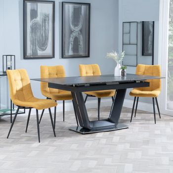 Alpha Black Ceramic 6-8 Seater 140cm-180cm Extending Dining Set with Corona Yellow Fabric Chairs