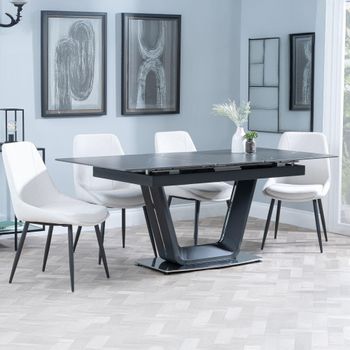 Alpha Black Ceramic 6-8 Seater 140cm-180cm Extending Dining Set with Darwin Cream Fabric Chairs
