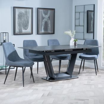 Alpha Black Ceramic 6-8 Seater 140cm-180cm Extending Dining Set with Darwin Dark Grey Fabric Chairs