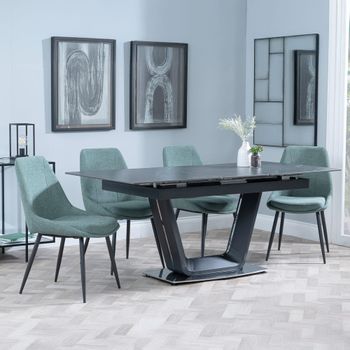 Alpha Black Ceramic 6-8 Seater 140cm-180cm Extending Dining Set with Darwin Green Fabric Chairs