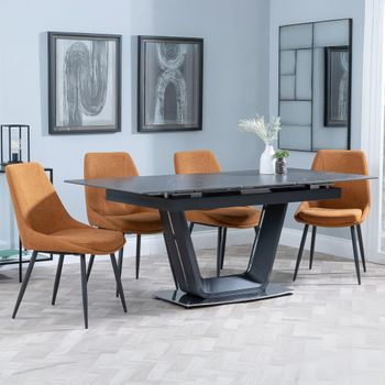 Alpha Black Ceramic 6-8 Seater 140cm-180cm Extending Dining Set with Darwin Orange Fabric Chairs