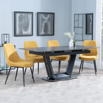 Alpha Black Ceramic 6-8 Seater 140cm-180cm Extending Dining Set with Darwin Yellow Fabric Chairs