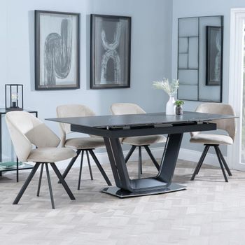 Alpha Black Ceramic 6-8 Seater 140-180cm Extending Dining Set with Ion Swivel Beige Chairs