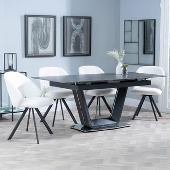 Alpha Black Ceramic 6-8 Seater 140cm-180cm Extending Dining Set with Ion Swivel Cream Boucle Chairs