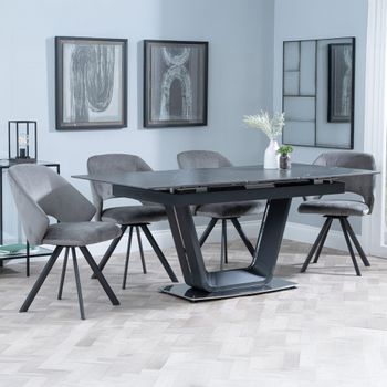 Alpha Black Ceramic 6-8 Seater 140-180cm Extending Dining Set with Ion Swivel Dark Grey Chairs