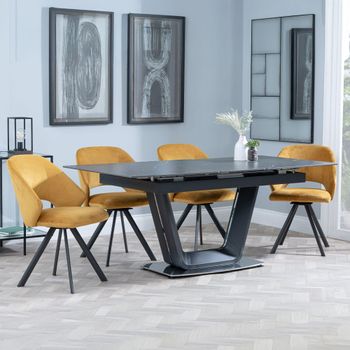 Alpha Black Ceramic 6-8 Seater 140-180cm Extending Dining Set with Ion Swivel Mustard Chairs