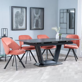 Alpha Black Ceramic 6-8 Seater 140-180cm Extending Dining Set with Ion Swivel Orange Chairs