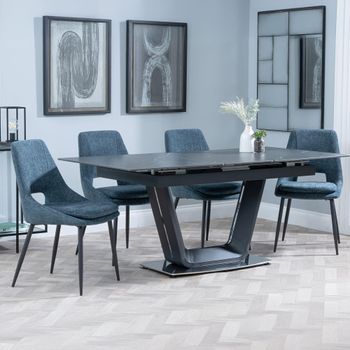 Alpha Black Ceramic 6-8 Seater 140cm-180cm Extending Dining Set with Peyton Blue Fabric Dining Chair
