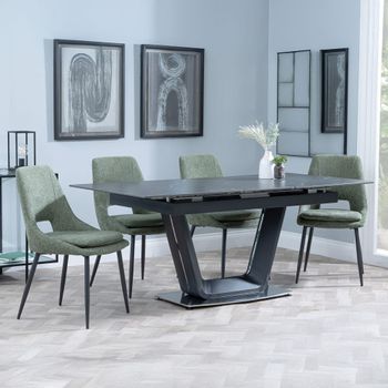 Alpha Black Ceramic 6-8 Seater 140cm-180cm Extending Dining Set with Peyton Green Fabric Chairs
