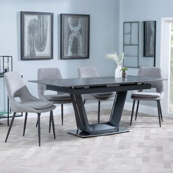 Alpha Black Ceramic 6-8 Seater 140cm-180cm Extending Dining Set with Peyton Grey Fabric Dining Chair