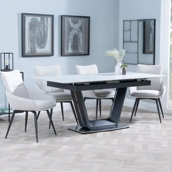 Alpha White Ceramic 6-8 Seater 140cm-180cm Extending Dining Set with Ace Swivel Beige Fabric Chairs