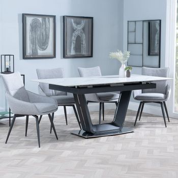 Alpha White Ceramic 6-8 Seater 140cm-180cm Extending Dining Set with Ace Swivel Grey Fabric Chairs