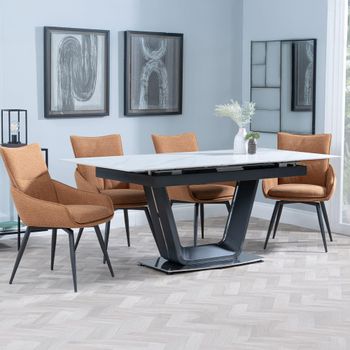 Alpha White Ceramic 6-8 Seater 140cm-180cm Extending Dining Set with Ace Swivel Orange Fabric Chairs