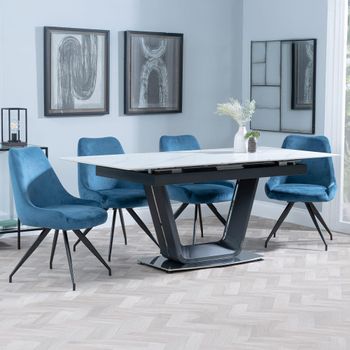 Alpha White Ceramic 6-8 Seater 140-180cm Extending Dining Set with Arctic Swivel Blue Velvet Chairs