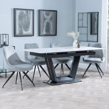 Alpha White Ceramic 6-8 Seater 140-180cm Extending Dining Set with Arctic Swivel Grey Velvet Chairs