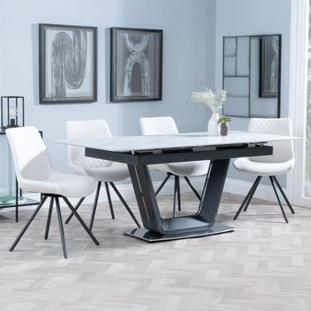 Alpha White Ceramic 6-8 Seater 140cm-180cm Extending Dining Set with Boden Swivel Cream Chairs