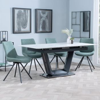 Alpha White Ceramic 6-8 Seater 140cm-180cm Extending Dining Set with Boden Swivel Green Chairs