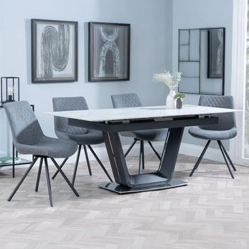 Alpha White Ceramic 6-8 Seater 140cm-180cm Extending Dining Set with Boden Swivel Grey Chairs