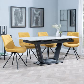Alpha White Ceramic 6-8 Seater 140cm-180cm Extending Dining Set with Boden Swivel Yellow Chairs