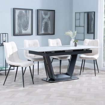 Alpha White Ceramic 6-8 Seater 140cm-180cm Extending Dining Set with Corona Beige Fabric Chairs