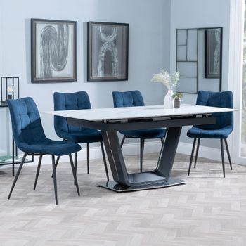 Alpha White Ceramic 6-8 Seater 140cm-180cm Extending Dining Set with Corona Blue Fabric Dining Chair