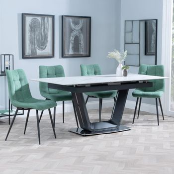 Alpha White Ceramic 6-8 Seater 140cm-180cm Extending Dining Set with Corona Green Fabric Chairs