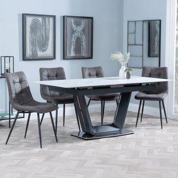 Alpha White Ceramic 6-8 Seater 140cm-180cm Extending Dining Set with Corona Grey Fabric Dining Chair