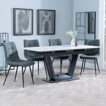 Alpha White Ceramic 6-8 Seater 140cm-180cm Extending Dining Set with Corona Light Grey Fabric Chairs
