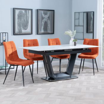 Alpha White Ceramic 6-8 Seater 140cm-180cm Extending Dining Set with Corona Orange Fabric Chairs
